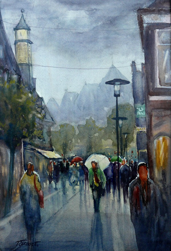 Ria Klompmaker-Regendag Hoogstraat Wageningen-aquarel