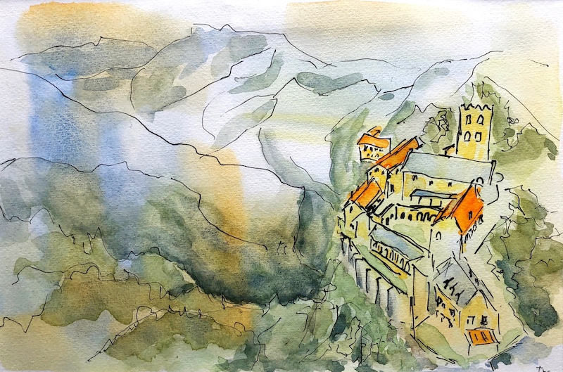 Ina Augustijn-Monestir de Sant Martí del Canigó-aquarel & Oostindische inkt